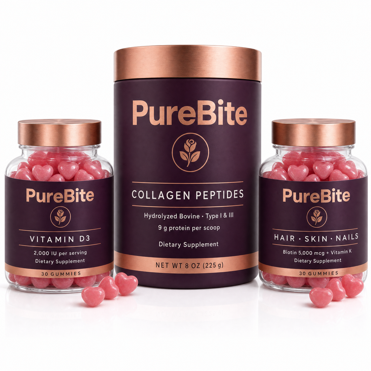 PureBite Beauty Bundle: Collagen Peptides tub, Vitamin D3 gummies and Hair Skin Nails gummies, plum and rose-gold packaging