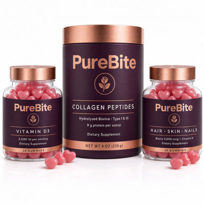 PureBite Beauty Bundle: Collagen Peptides tub, Vitamin D3 gummies and Hair Skin Nails gummies, plum and rose-gold packaging
