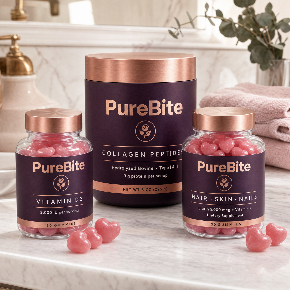 PureBite Beauty Bundle on a marble bathroom vanity in morning light