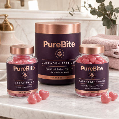 PureBite Beauty Bundle on a marble bathroom vanity in morning light
